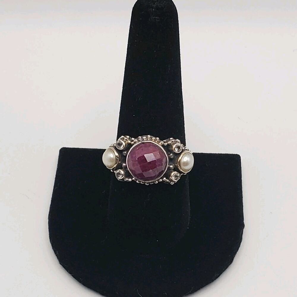 Sterling Silver 925 Genuine Faceted Ruby with Topaz & Pearl India Ring Size 10